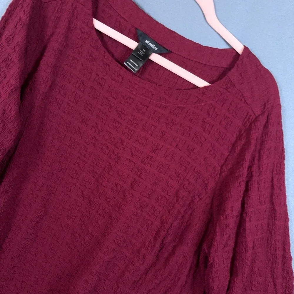 Ali Miles Tunic Blouse Womens 1X Maroon Textured Lightweight Stretch Roll Tab‎